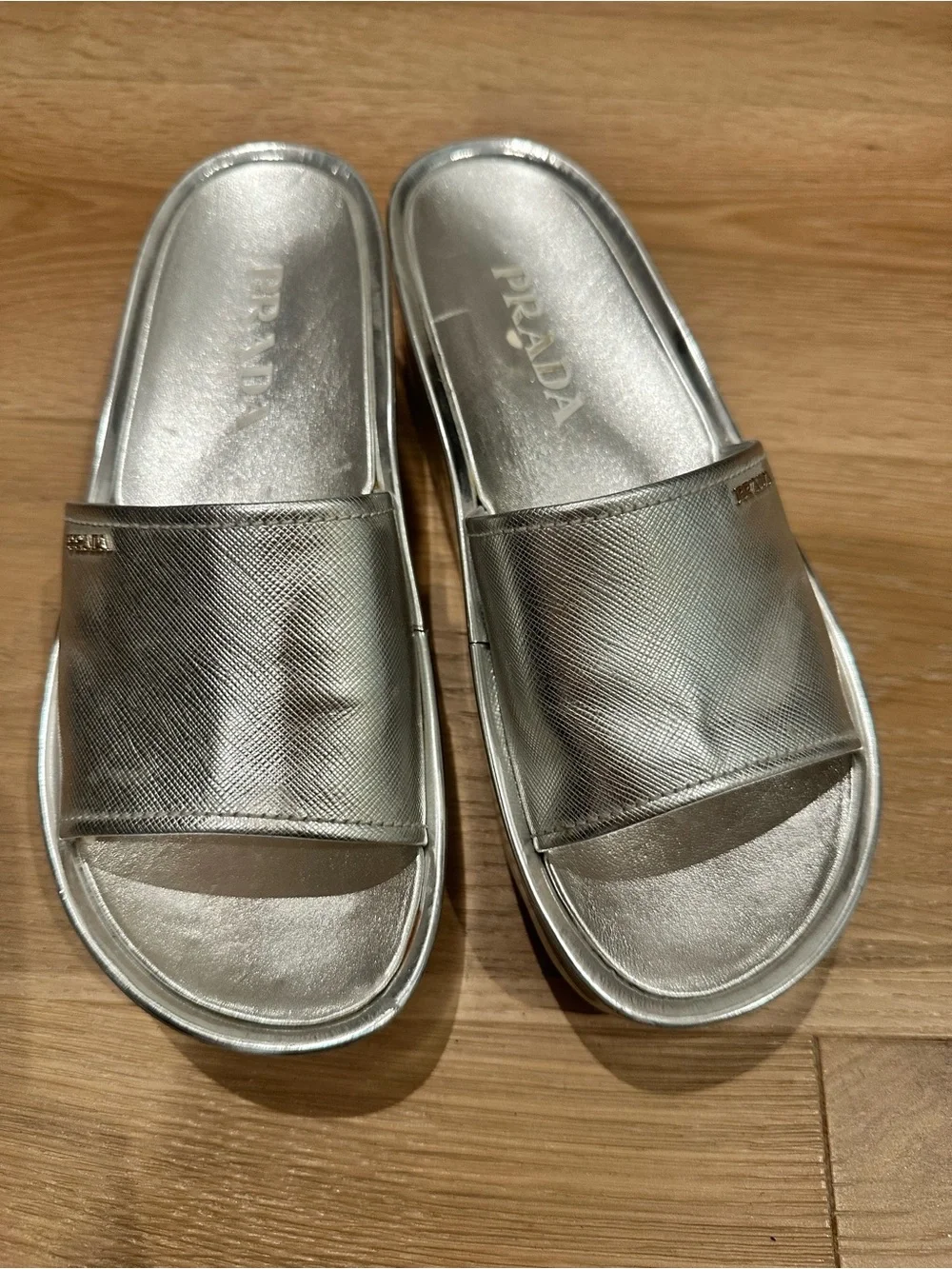 Prada Metallic Silver Saffiano Leather Slide Sandals
